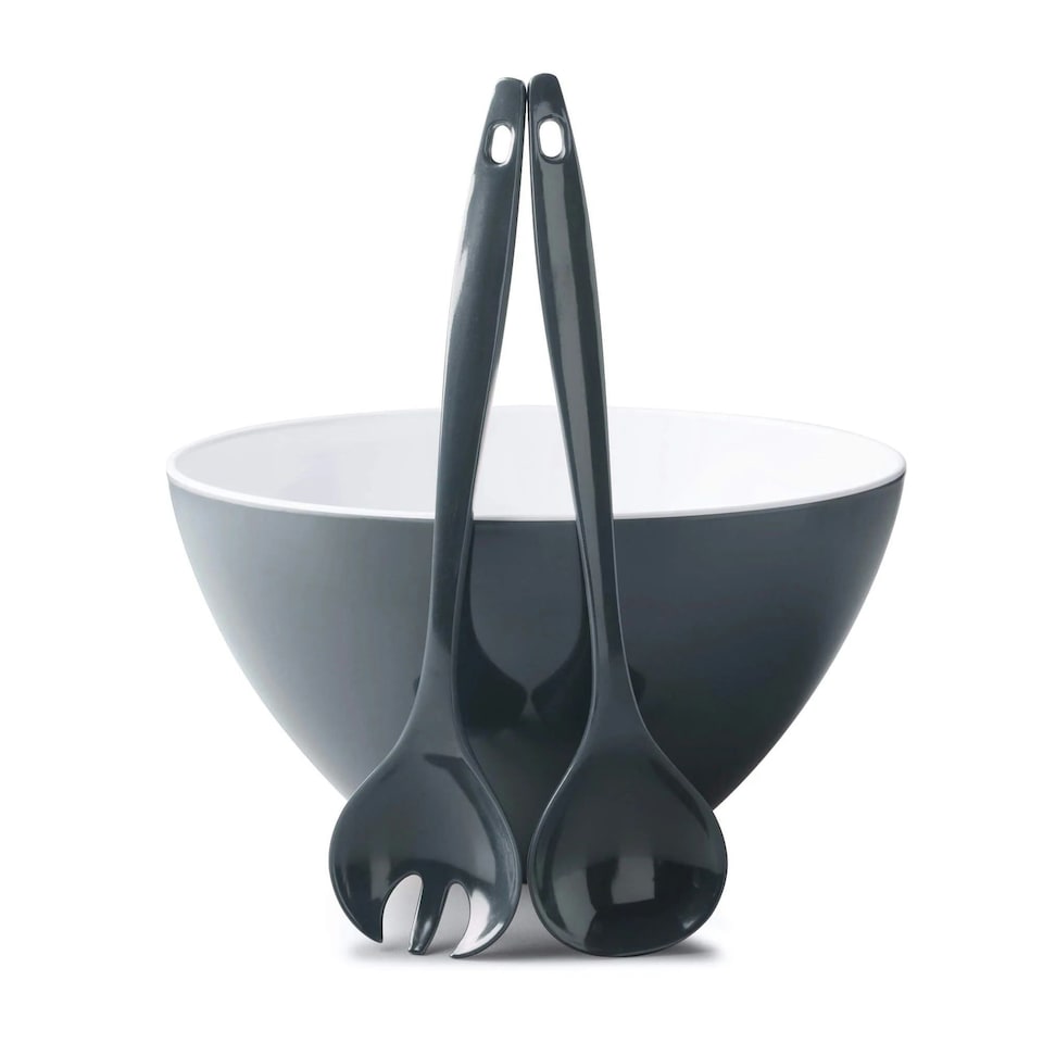 image 1 of Zeal Melamine Salad Bowl & Salad Servers Set, Duck Egg Blue Black | Dark Grey