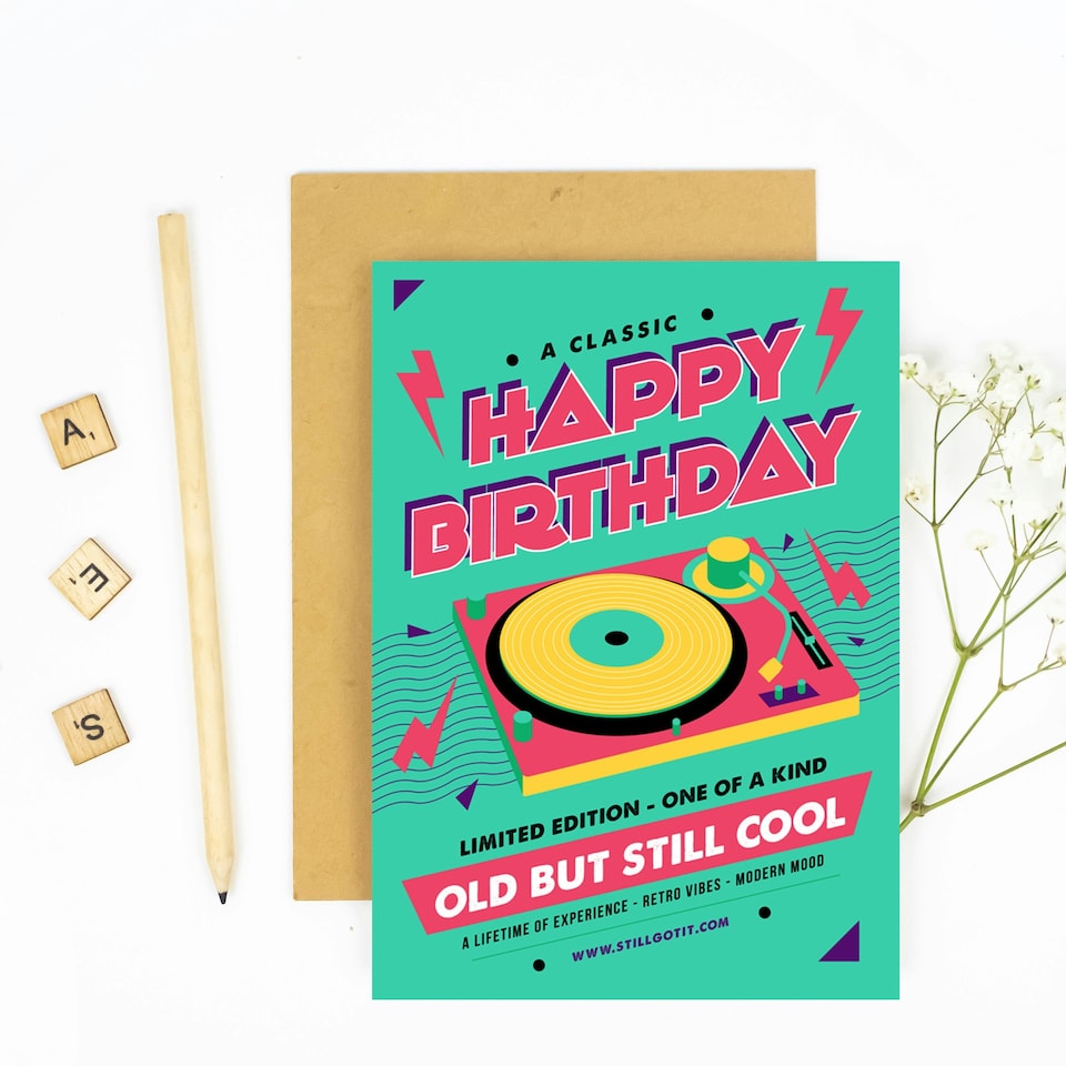 image 1 of Old But Cool Vinyl Record Player Green Pink Birthday Greeting Card