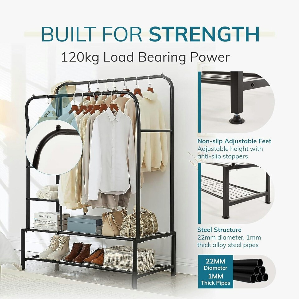 image 1 of Clothes Rail with Double Hanging & Shelves Black Metal Garment Rack Heavy Duty Black | One Size