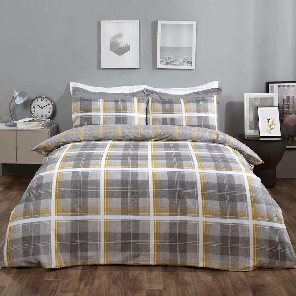 image 1 of OHS Denim Check Print Duvet Cover and Pillowcase Set, Single - Ochre Yellow