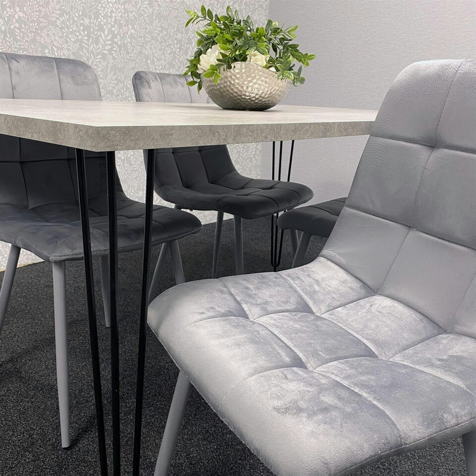 image 1 of Grey Dining Table with Hairpin Legs & 4 Grey Velvet Chairs Set for Kitchen & Dining Room Grey