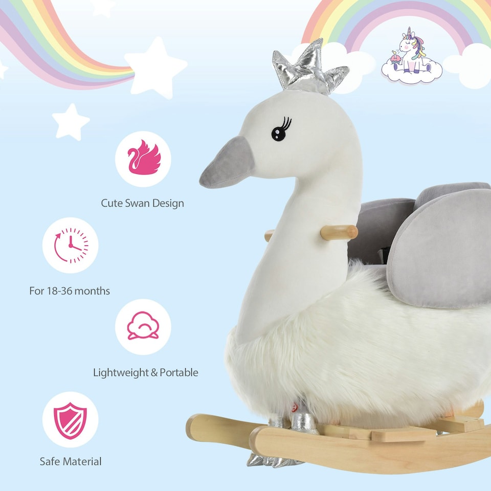 image 1 of HOMCOM Cute Kids Ride-On Rocking Swan w/ Sound Handlebars Seat Belt Plush Body