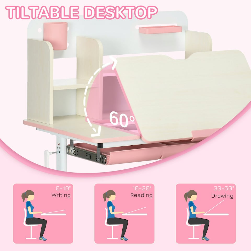 image 1 of HOMCOM Kids Desk and Chair Set with Storage Shelves, Washable Cover - Pink 