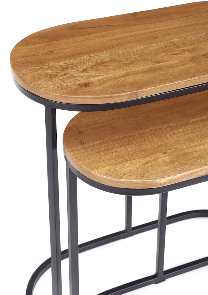image 1 of Wooden Dark Brown Black Metal Oval Nest Of Two 2 Tables End Side Lamp H61 x W62 x D32cm