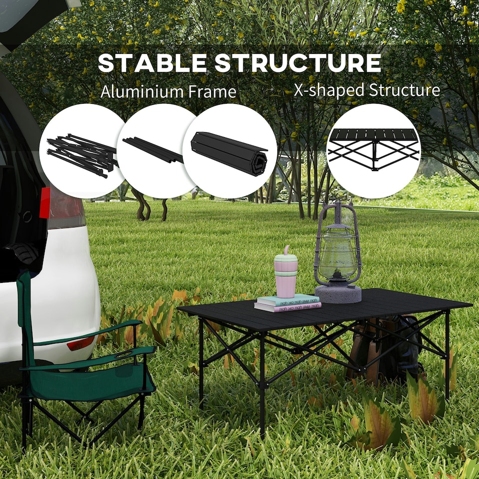 image 1 of Outsunny Portable Folding Camping Table w/ Roll Up Aluminium Top Carry Bag Black