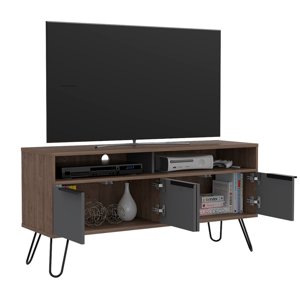image 1 of Vegas Grey and Bleached Oak Wide 4-Door TV Unit - Modern Media Cabinet with Storage and Shelves | Brown | Brown | 1