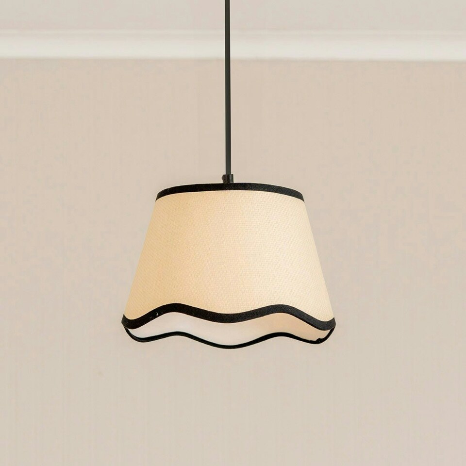 image 1 of ValueLights Dutton Natural Fabric Black Trim Scallop Edge Ceiling Floor Table Small Lamp Shade