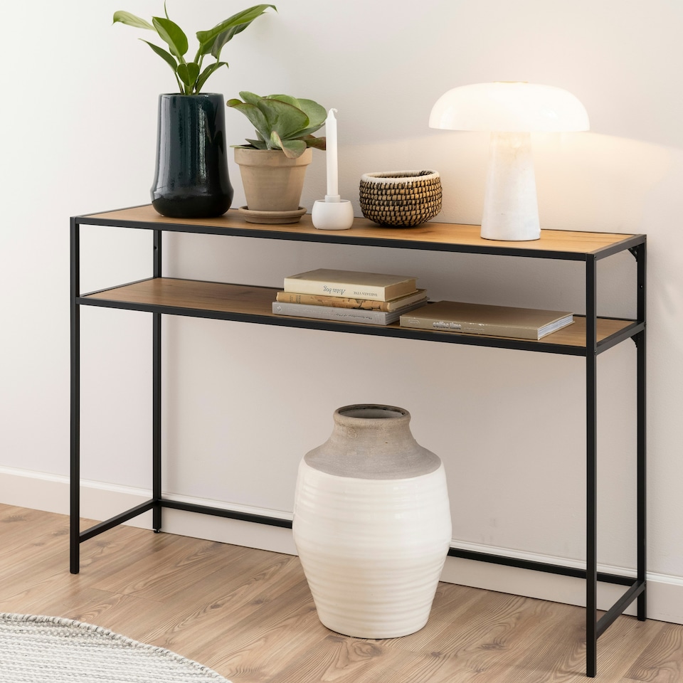 image 1 of Seaford Black Metal Console Table With Oak Top
