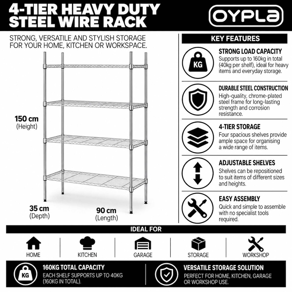 image 1 of 4 Tier Heavy Duty Steel Wire Rack Kitchen Storage Unit with Wheels | Silver
