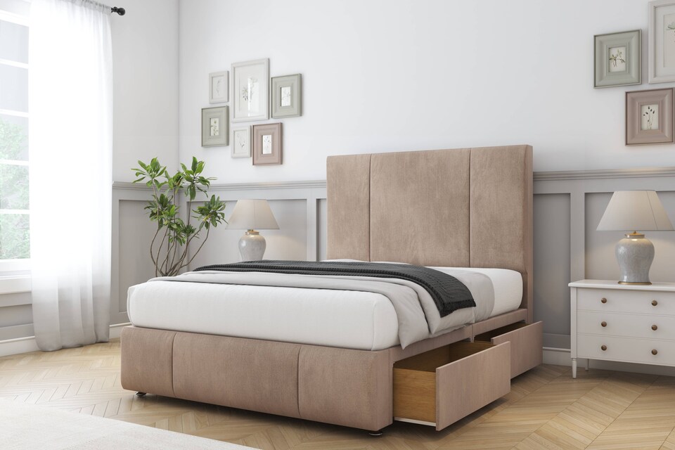 image 1 of Sloomy Lisbon Mink Naples Divan Bed Base 2 Drawers Foot-End With 26 Inch Strutted Headboard & 12 Inch Matching Footboard | Brown | Mink | Super King | 1