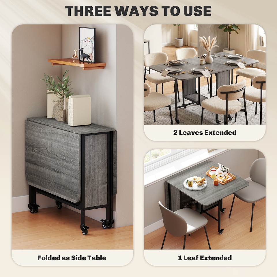image 1 of HOMCOM Mobile Drop Leaf Table, Folding Dining Table with 6 Wheels & Storage Shelf for Small Spaces, Kitchen, Dining Room, Grey