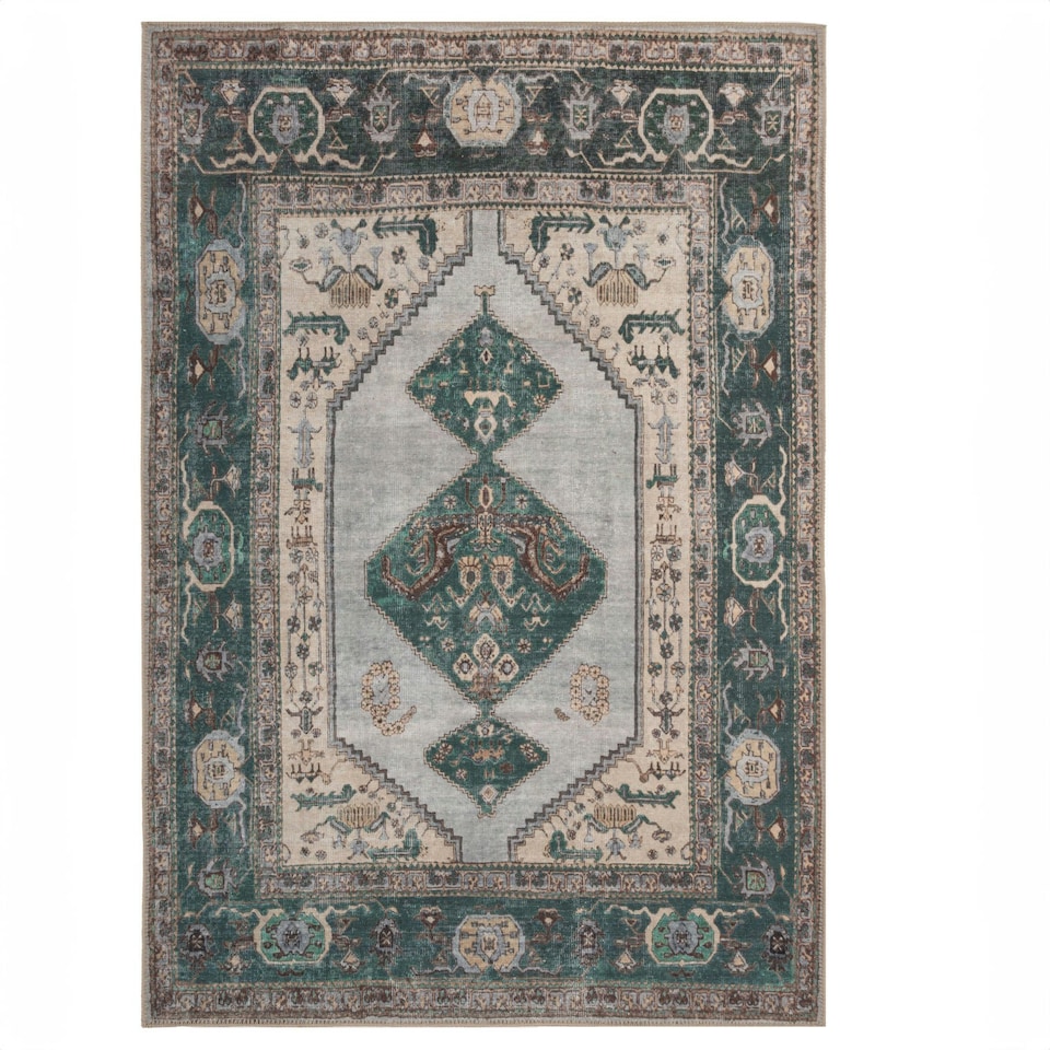 image 1 of KUKOON Deep Green Cream Medallion Non Slip Washable Low Pile Rug 120cm x 170cm | Green