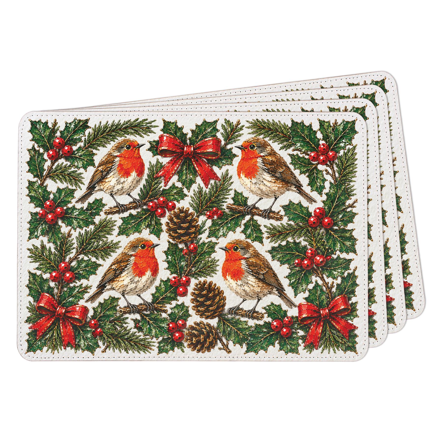 Festive Robins Faux Leather Placemats - Set of 4 - Christmas