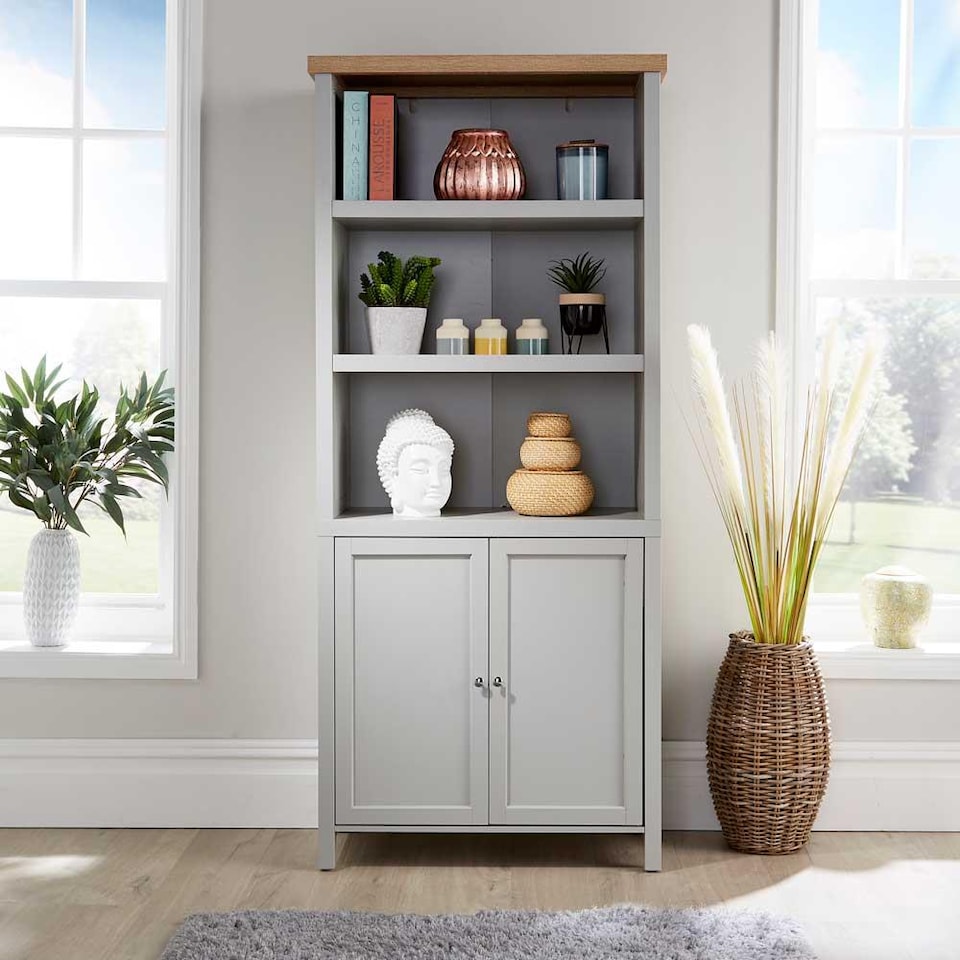 image 1 of Grey Oak Tall Display Bookcase 3 Shelf 2 Door Storage Cupboard Metal Handles