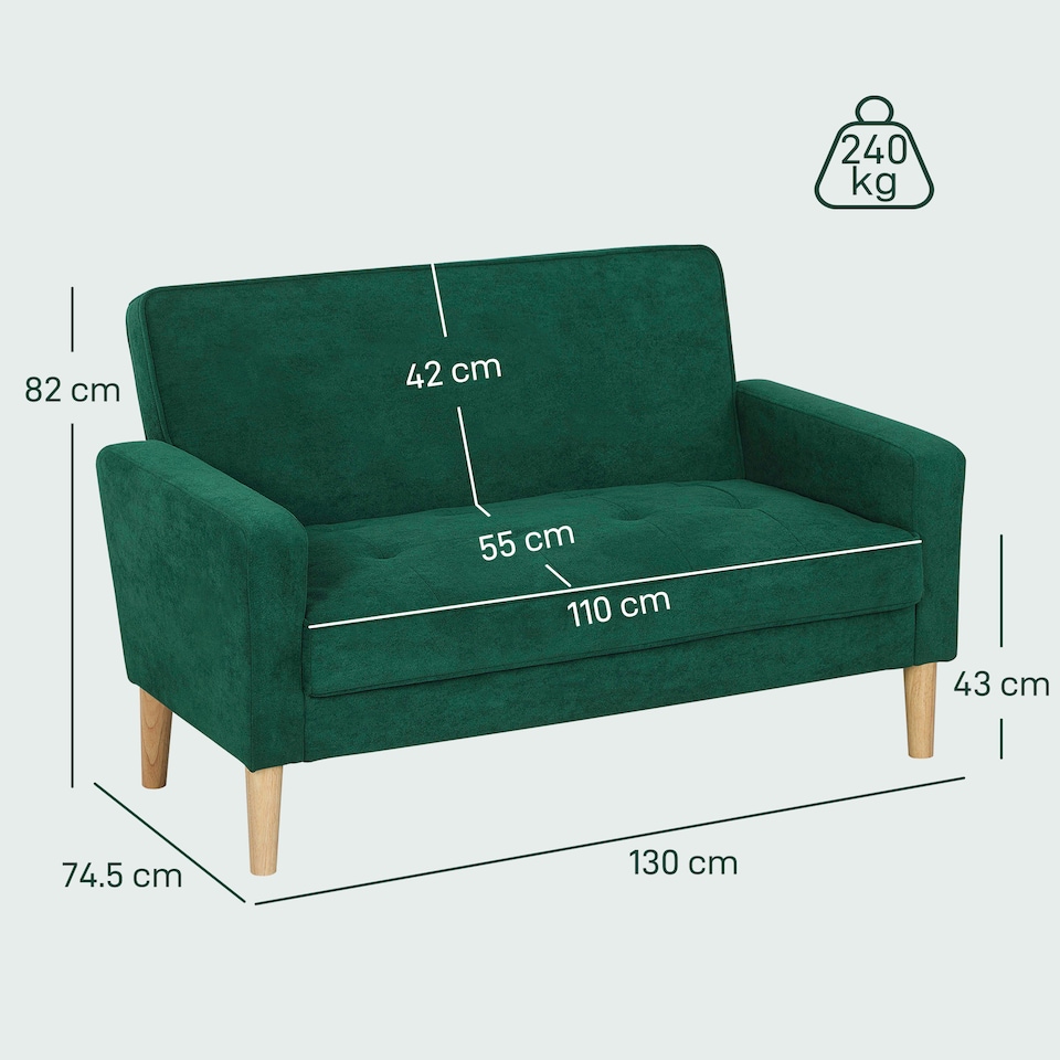 image 1 of HOMCOM 2 Seater Sofa, Modern Velvet-Feel Sofa with Rubber Wood Legs, Upholstered Tufted Loveseat for Small Space, Living Room, Bedroom, Home Office, Green | Green | Two Seater