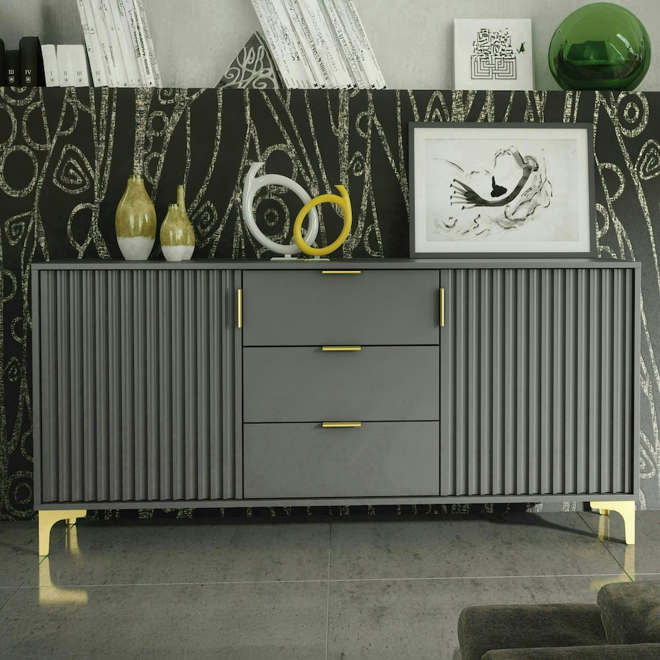 image 1 of Bold sideboard 140cm grey ribbed fronts gold accents Grey
