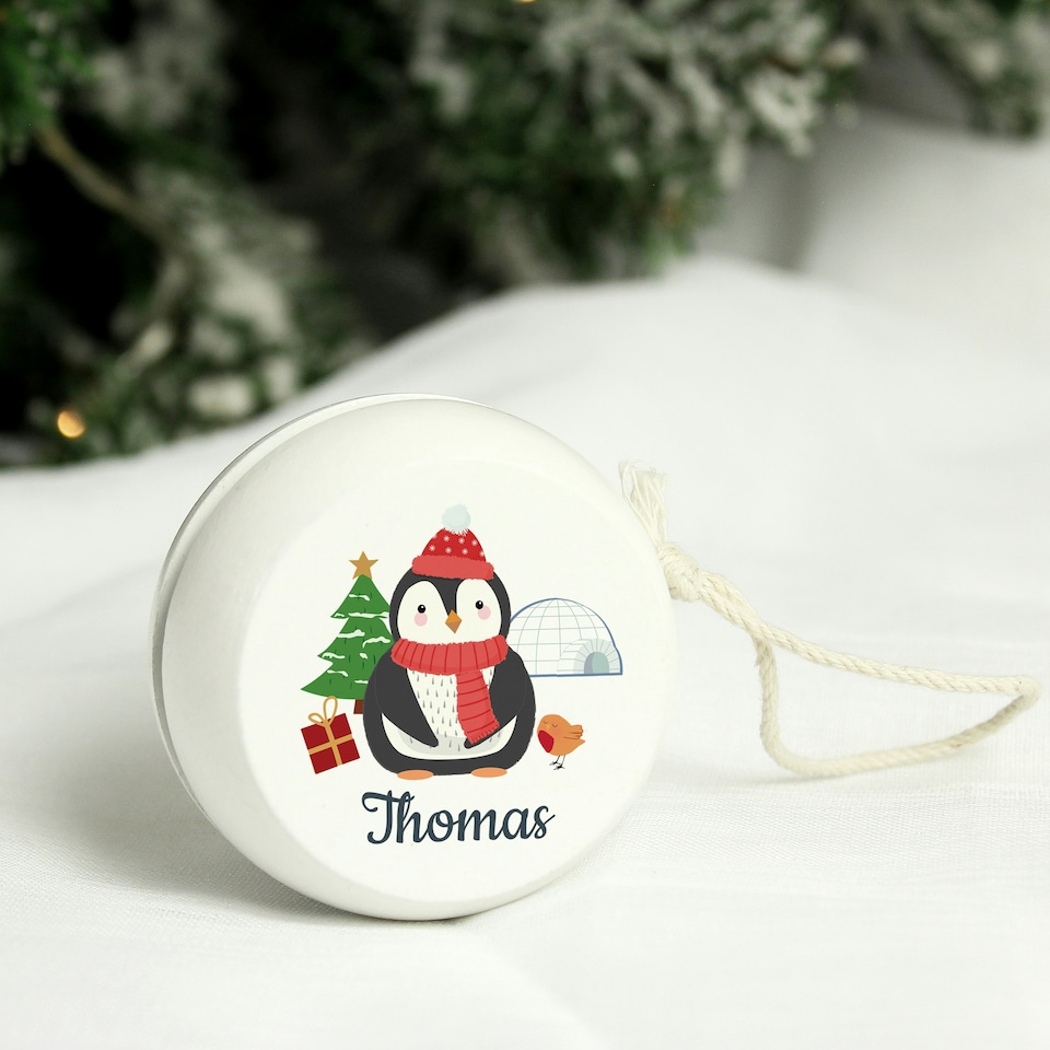 image 1 of Personalised Christmas Penguin White Wooden Yoyo