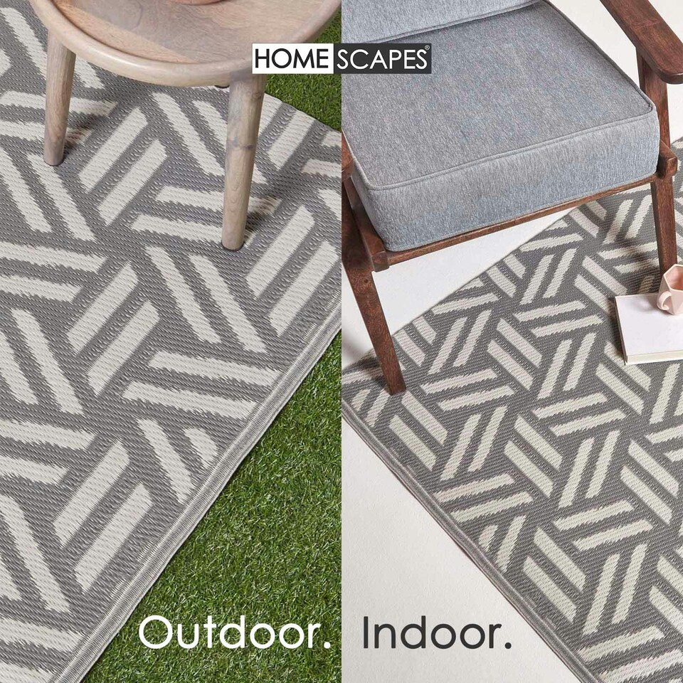 image 1 of Homescapes Outdoor Rug Luxury Waterproof Reversible Recycled, For Garden, Luna Geometric Grey | 150 x 240 cm
