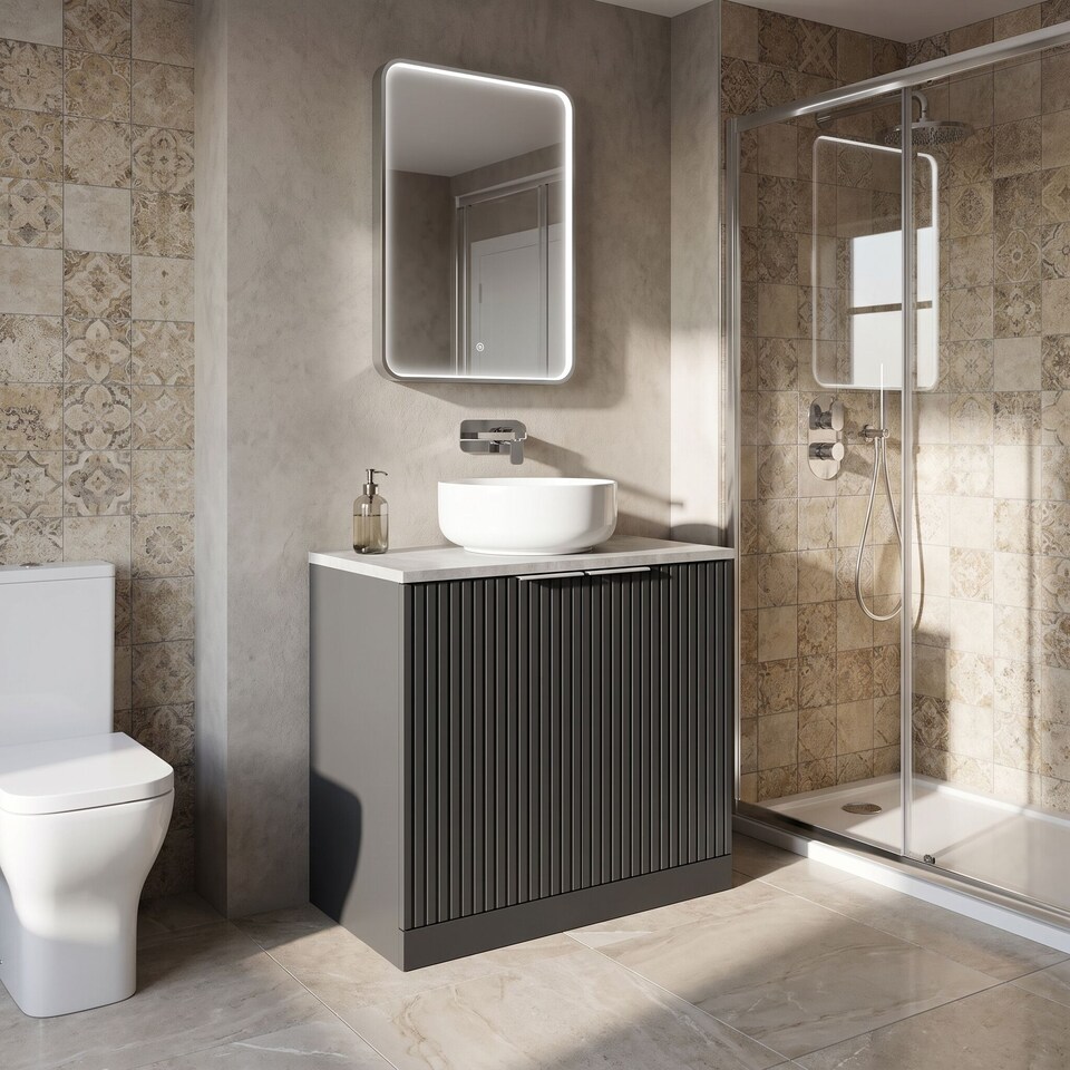 image 1 of Balterley Callingwood Contemporary Floor Standing 2 Door Vanity Unit with Bellato Grey Laminate Worktop , 800mm, Dark Grey