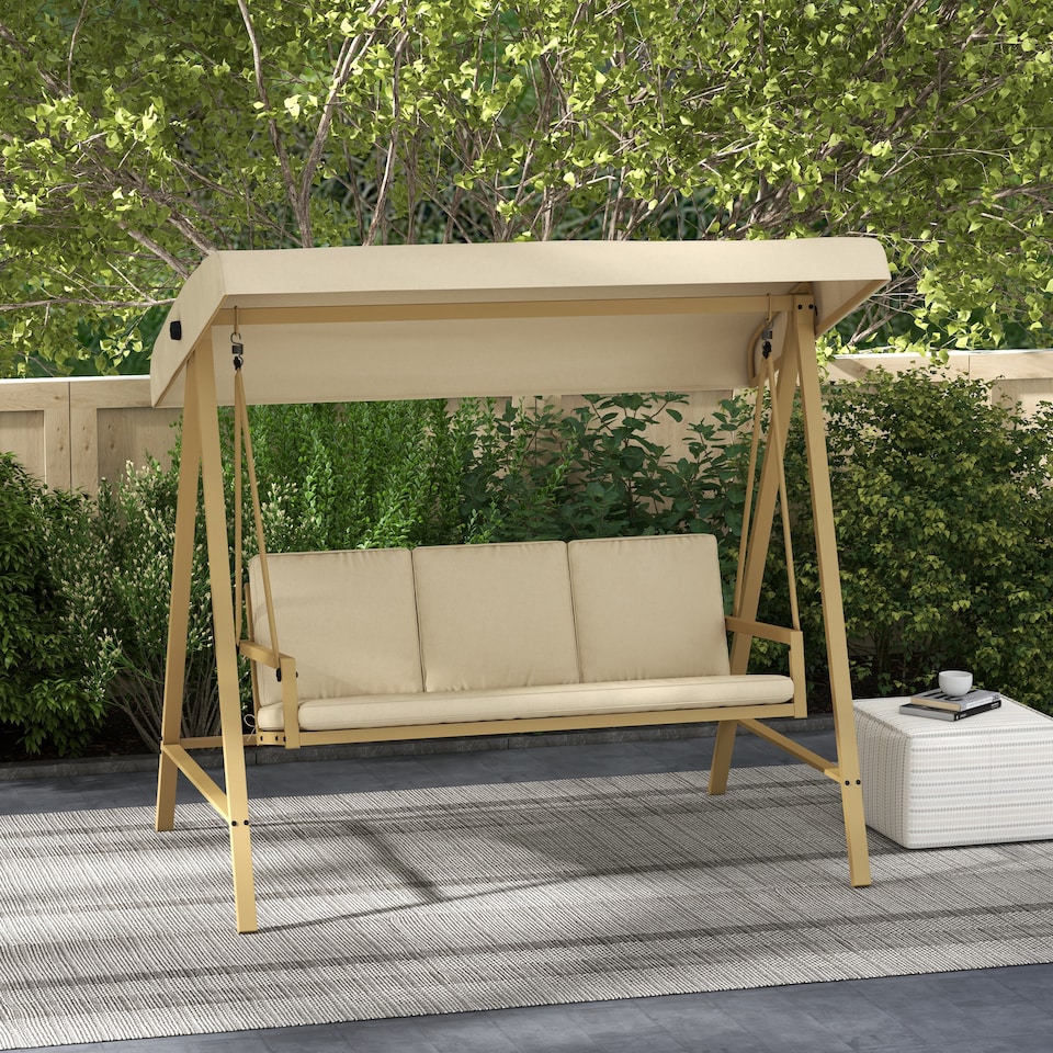image 1 of Outsunny 3 Seater Garden Swing Chair with Adjustable Canopy and Cushions, Beige | White | Beige