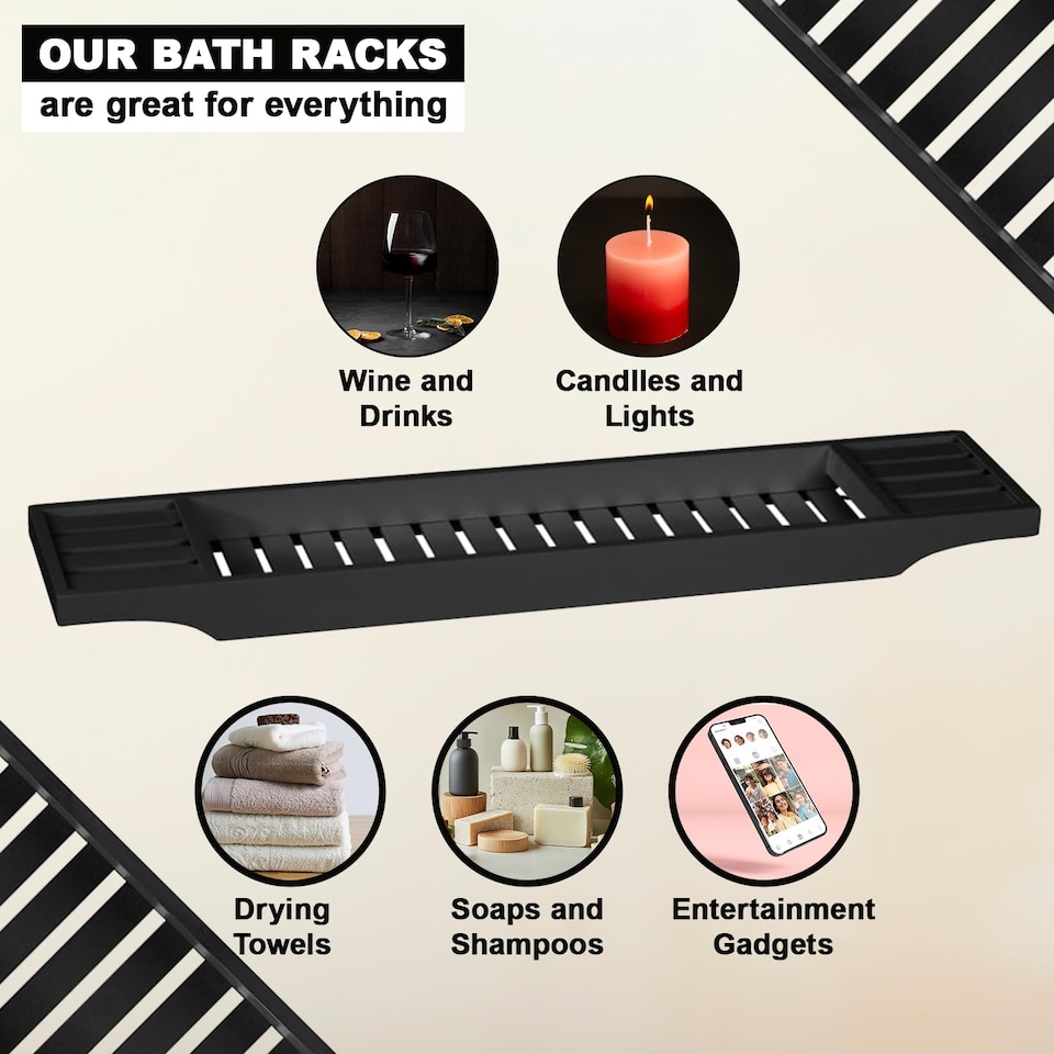 image 1 of Luxury Bamboo Bath Caddy Tray Wood Bathtub Storage Organizer Black