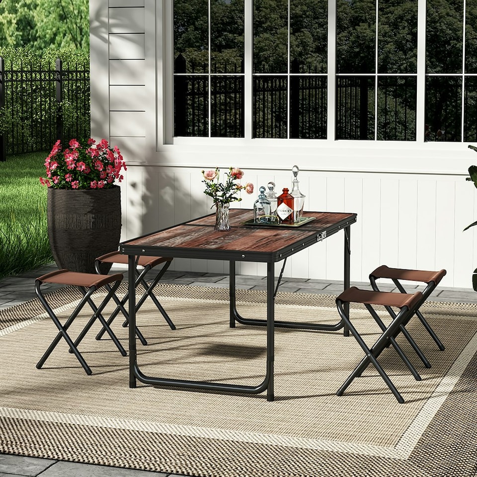 image 1 of Living and Home Outdoor Foldable Picnic Table with 4 Stools, Brown Brown