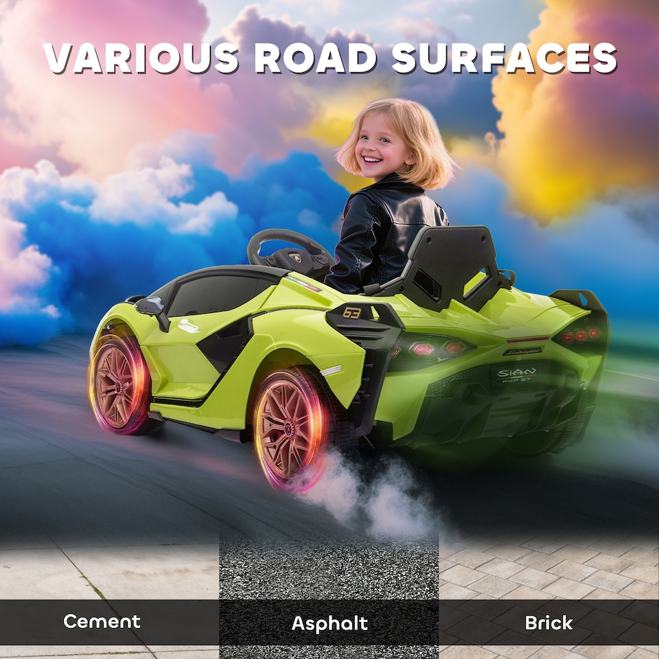 image 1 of HOMCOM Lamborghini Sian Licensed 12V Electric Car for Kids 2 Motors Toy Car with Remote Control Music Lights MP3 for 3-5 Years Green