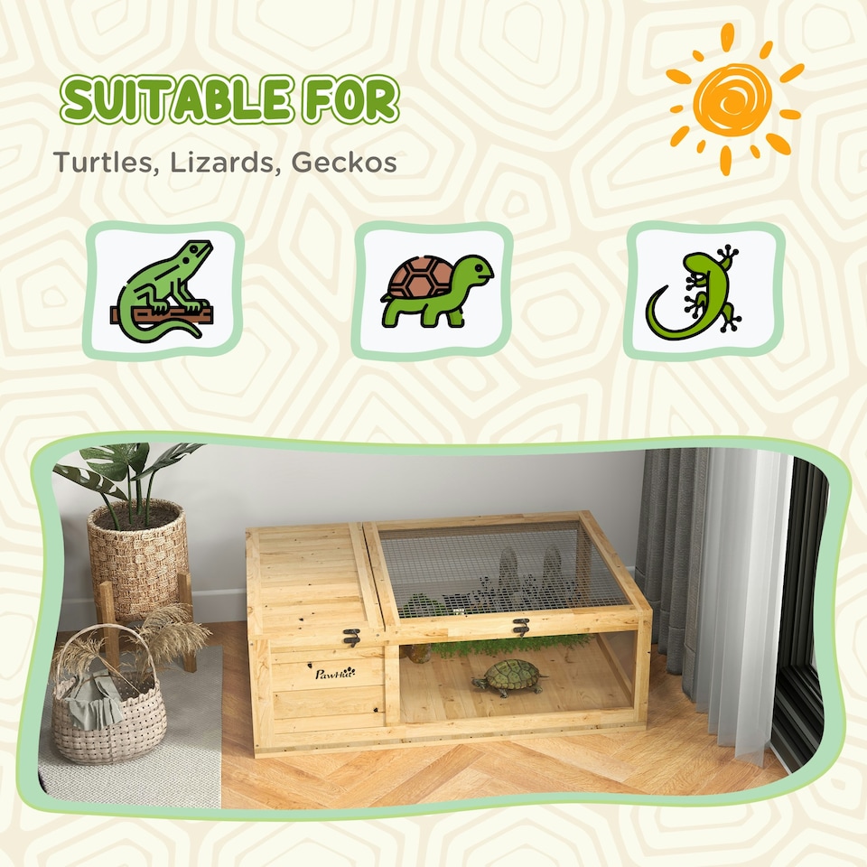 image 1 of PawHut Tortoise House w/ Mesh Roof, Small Pet Reptile Wooden House - Yellow
