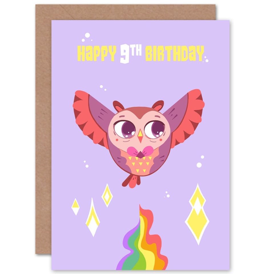 image 1 of Kawaii Cute Flying Pink Owl Age 9 Year Old Child Kids 9th Birthday Card
