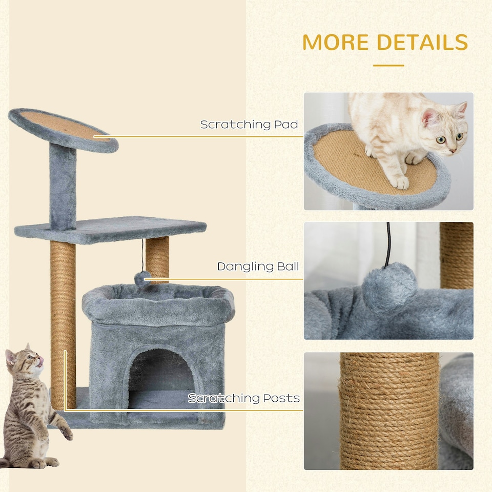 image 1 of PawHut Cat Scratching Post with Bed House Perch Toy for Indoor Cats, Grey