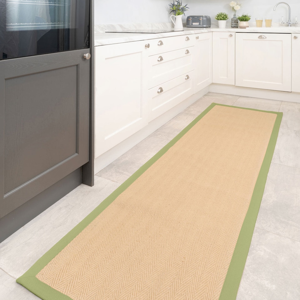image 1 of KUKOON Beige Natural Jute Herringbone Pattern Non Slip Green Border Rug 80cm x 150cm