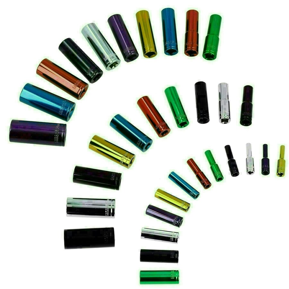 image 1 of Metric Mixed Drive 1/4" 3/8" + 1/2" Deep Colour Coded Sockets 4 - 24mm 32pc