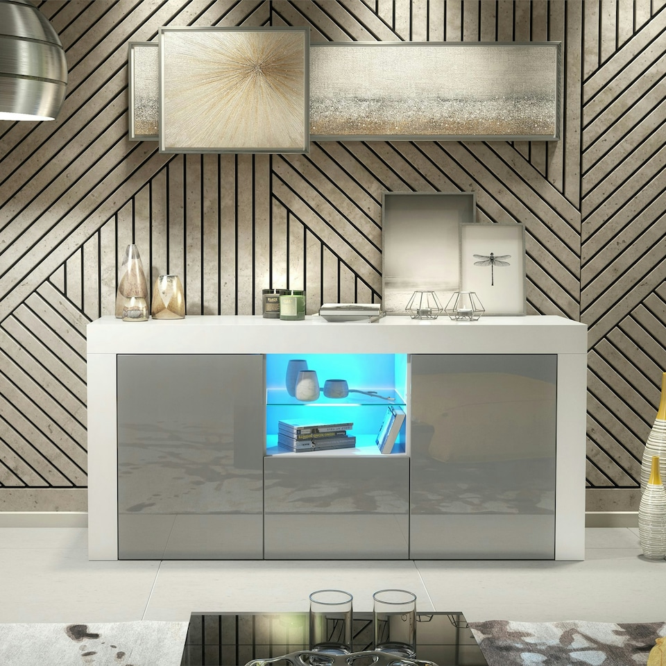 image 1 of TV Unit 145cm Grey Gloss Doors Free LED White Matt Media Cabinet | White | Grey | One Size | 1