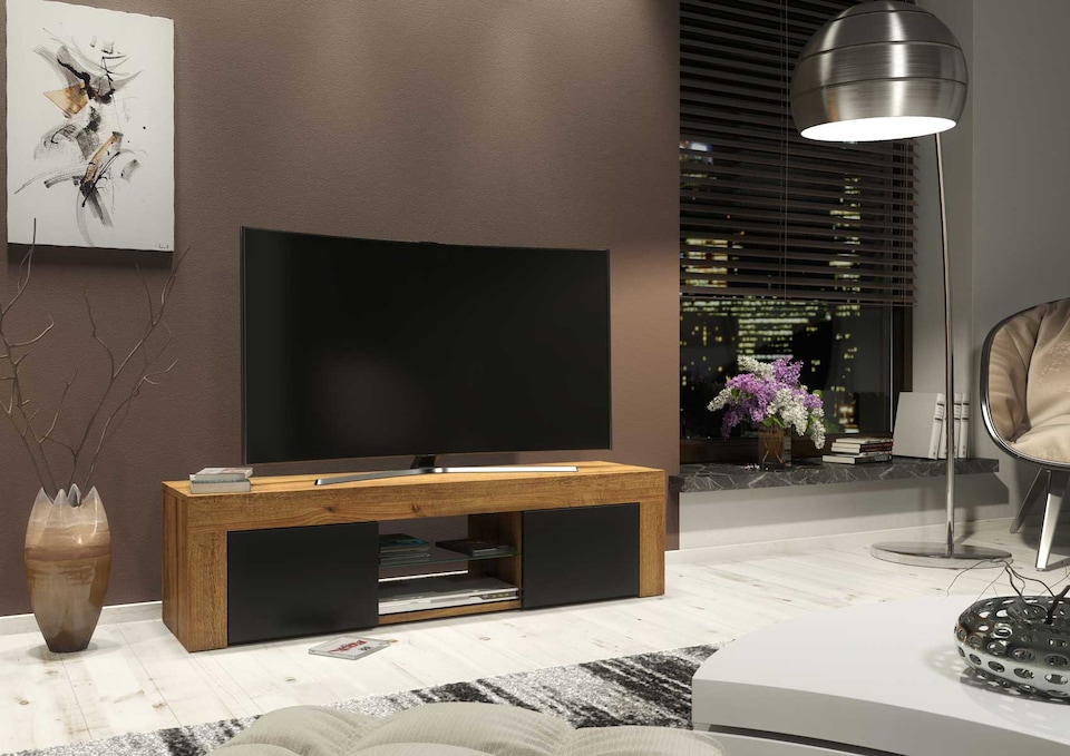 image 1 of TV Unit TV Stand Oak Black Media Console Sideboard Storage Cabinet 130cm