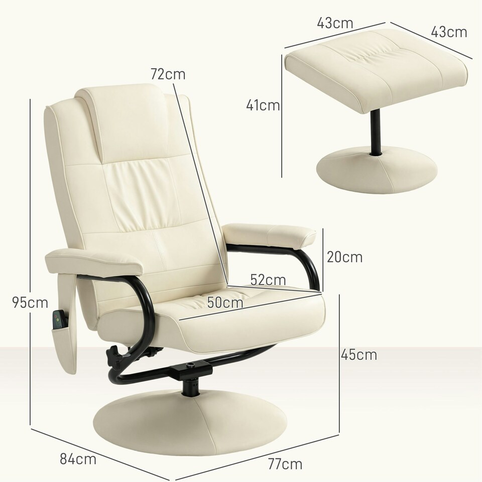 image 1 of HOMCOM Massage Recliner Chair Cushioned Ottoman 10 Point Vibration Cream | Cream | White | One Size