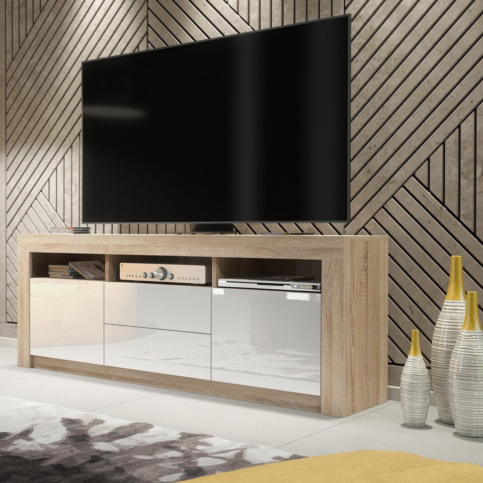 image 1 of TV Unit TV Stand Media Cabinet Sideboard Oak White High Gloss Storage 160cm