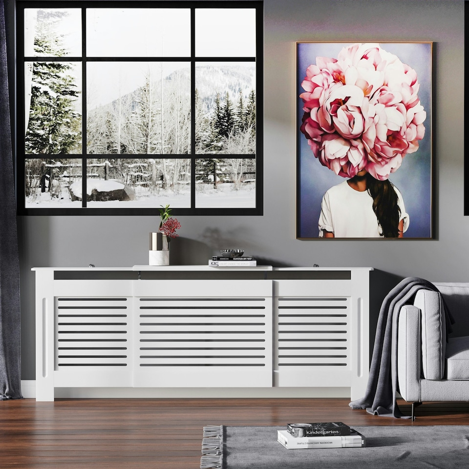 image 1 of HOMCOM Extendable Radiator Cover Cabinet Slatted Design MDF White Home Office