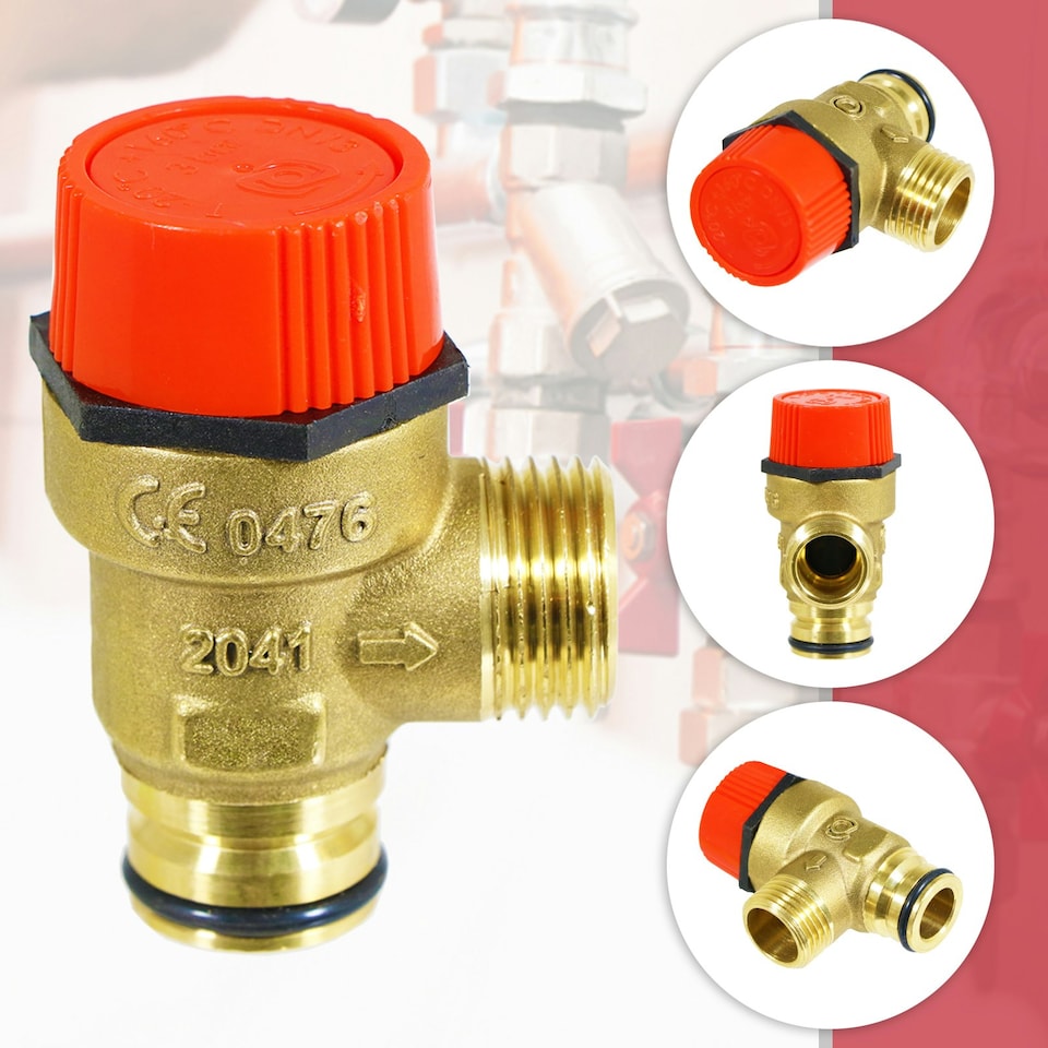 image 1 of SPARES2GO Pressure Relief Safety Valve for Baxi Boiler 3 Bar 1/2" BSP Male x Push Fit Brass PRV