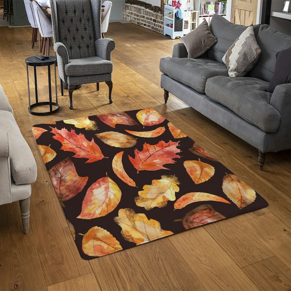 image 1 of Autumn Leaves on Black (Rug) Orange | Small: 60x110cm