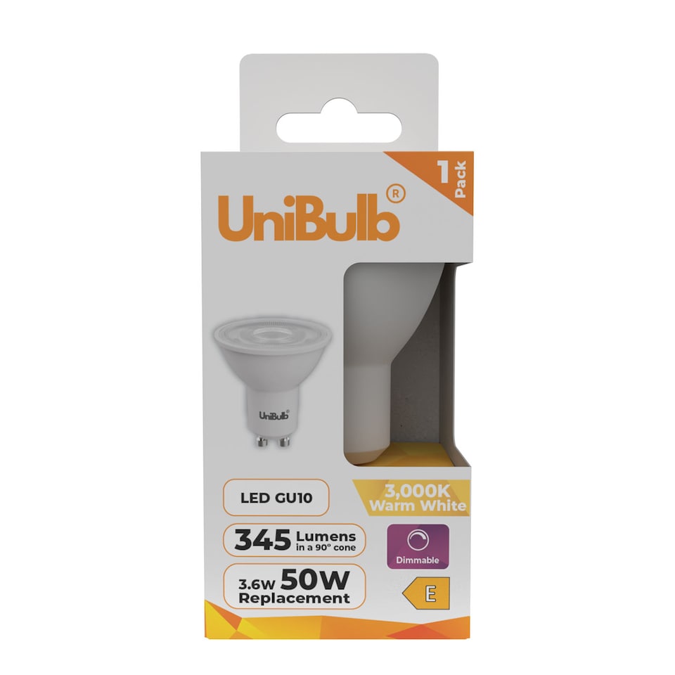 image 1 of UniBulb LED GU10 345lm 3.6W 3000K (Warm White) Spotlight Downlight Dimmable Light Bulb - Pack of 1 | White | Warm White | 1