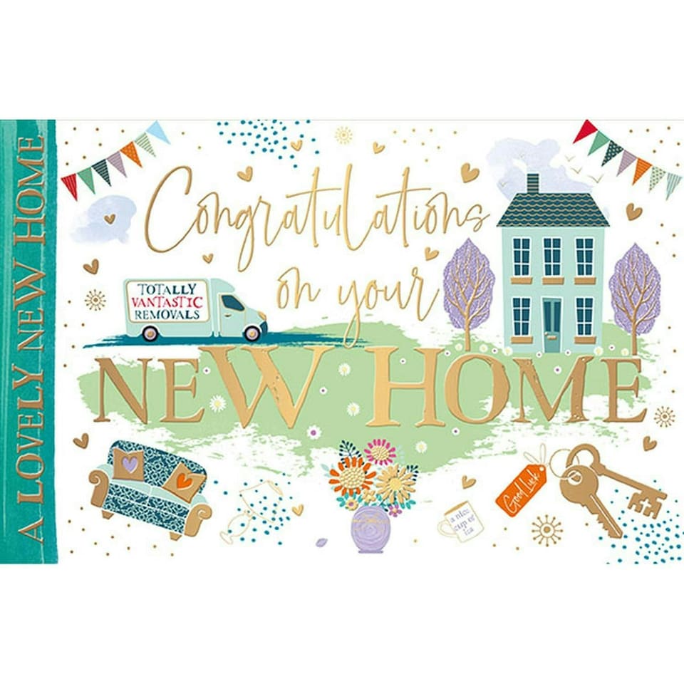 Words 'n' Wishes Traditional New Home Congratulations Card - House, Moving Van and Keys with Foil Finish - Eco-Friendly - by Words 'n' Wishes