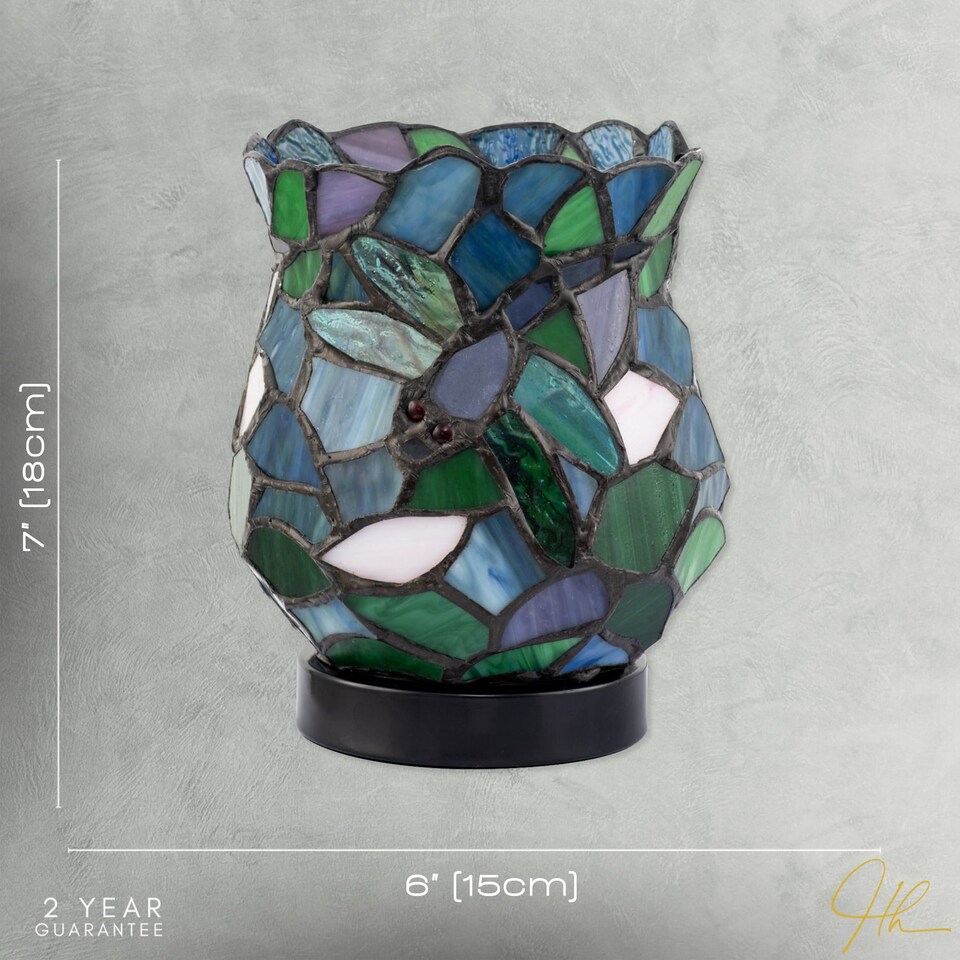 image 1 of Dragonfly Themed Open Top Blue and Green Stained Glass Tiffany Lamp
