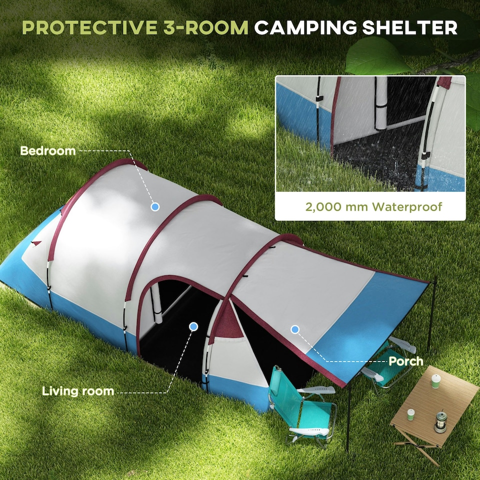image 1 of Outsunny 2-3 Man Camping Tunnel Tent with Bedroom and Living Room 