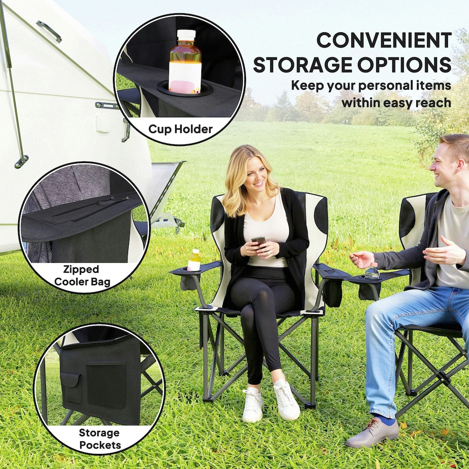 image 1 of Outsunny Set of 2 Padded Folding Picnic Chairs with Cooler Bag Black | Black