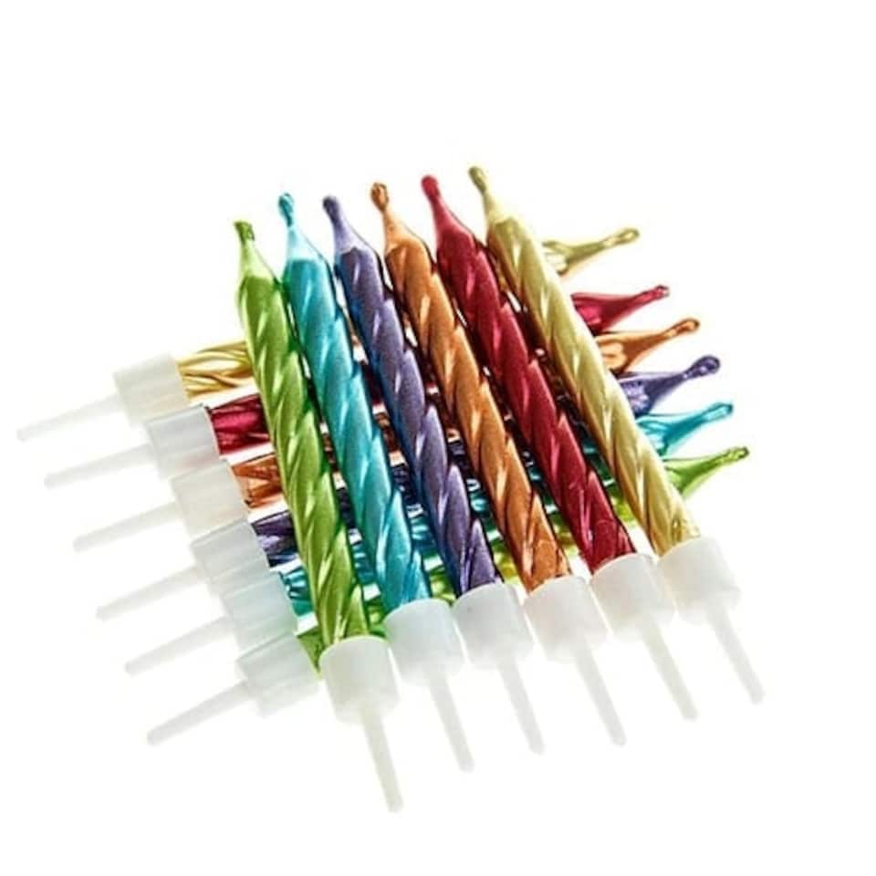 Metallic Rainbow Candles With Holders - Pack of 12