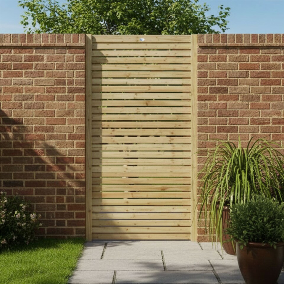 image 1 of Roma Slatted Garden Gate 4ft x 3ft Treated Wooden Decorative Venetian-Style Door
