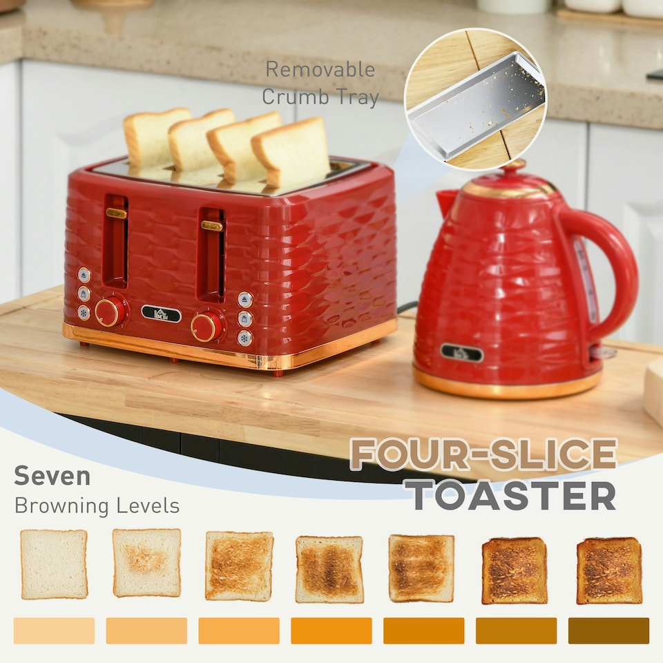 image 1 of HOMCOM Kettle and Toaster Set 1.7L Rapid Boil Kettle & 4 Slice Toaster Red