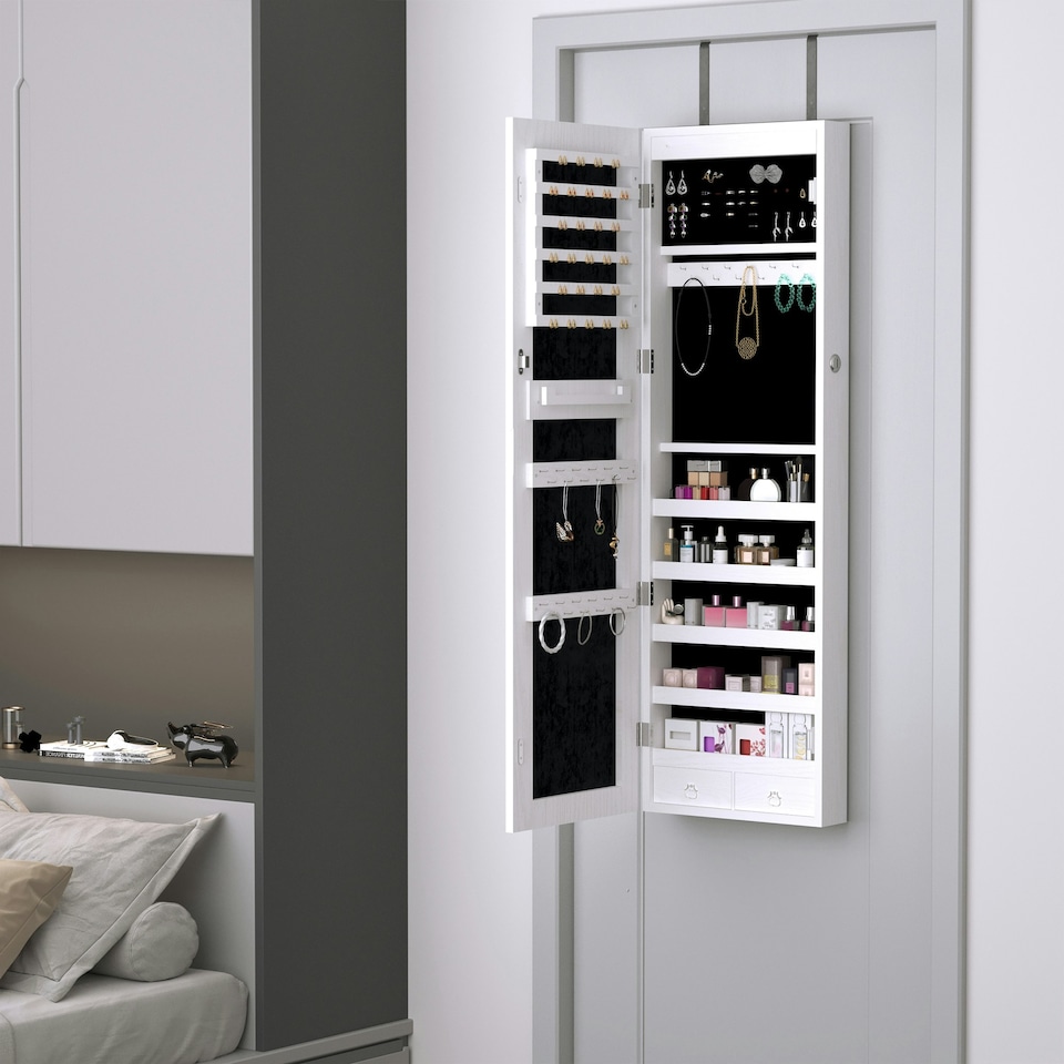 image 1 of HOMCOM Hanging Mirrored Jewel Storage Cabinet with Lock LED White