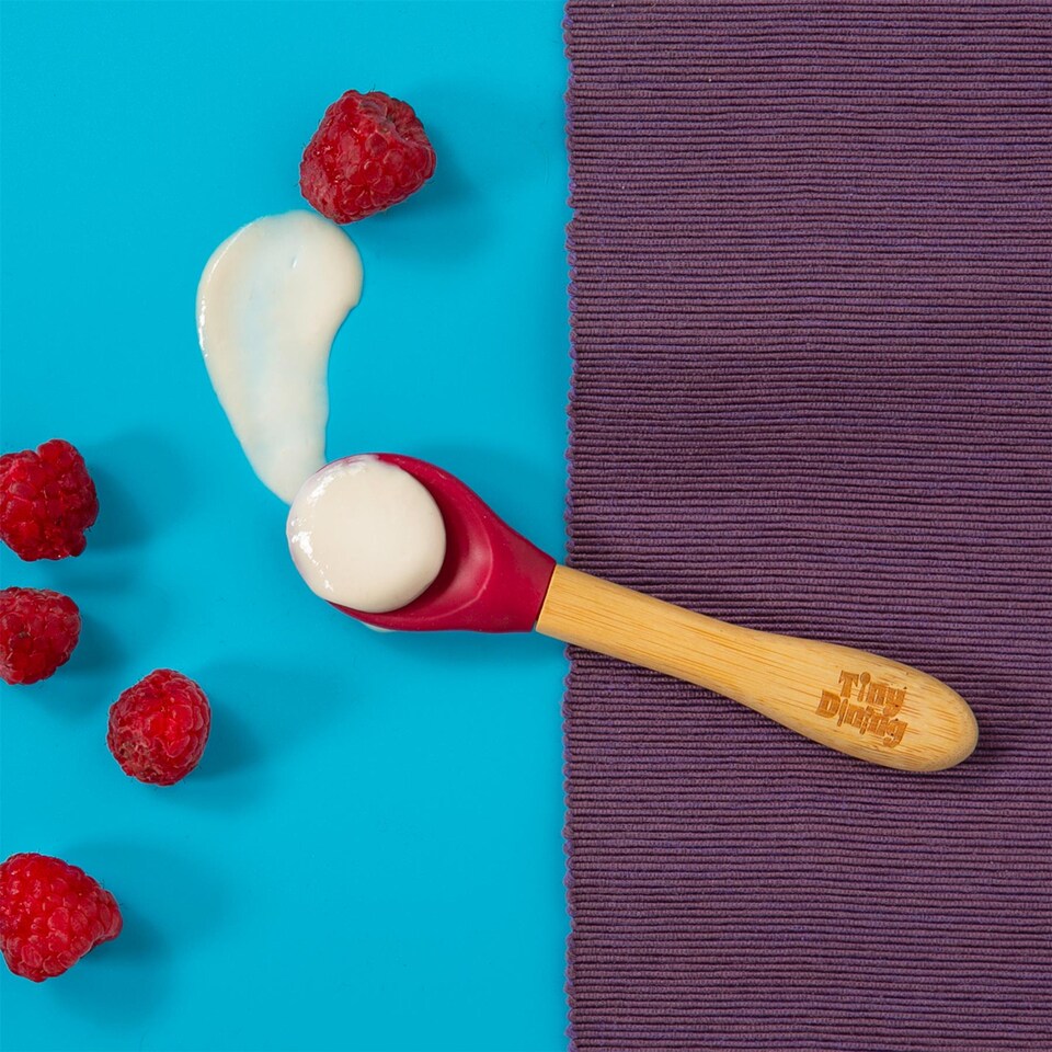 image 1 of Tiny Dining Bamboo Silicone Tip Spoon - Red - Children's Baby Toddler Soft Curved Feeding Weaning Spoon