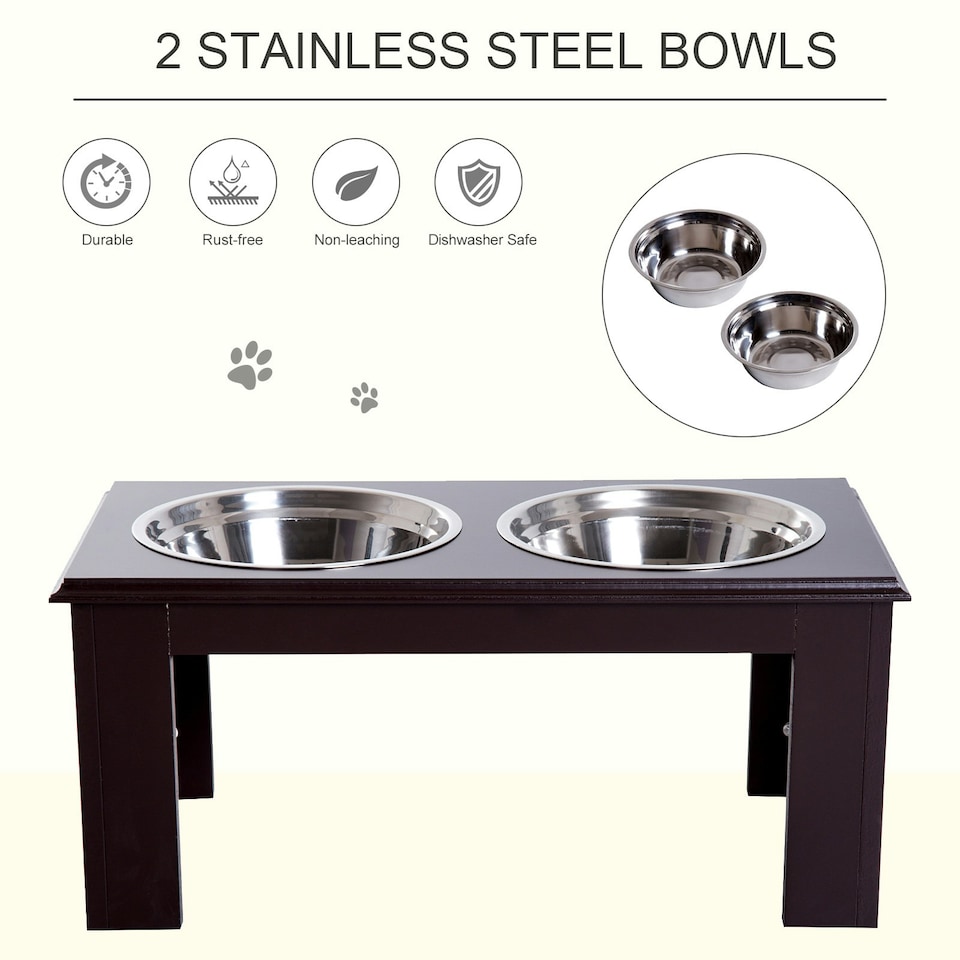 image 1 of PawHut Raised Dog Bowls Pet Feeder Raised Elevated Stainless Steel Food Brown